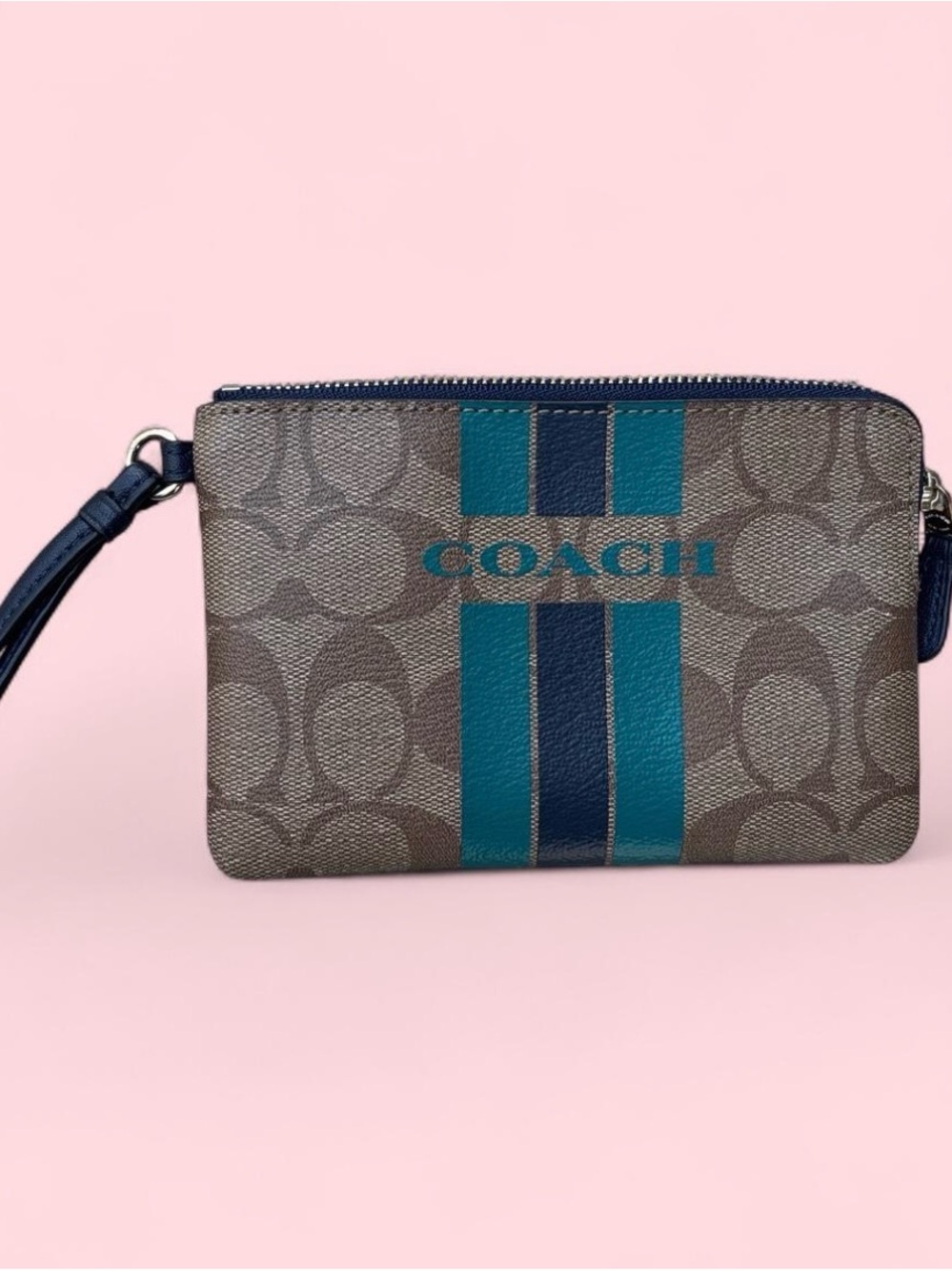 Coach Signature Wristlet with Teal & Navy Stripe